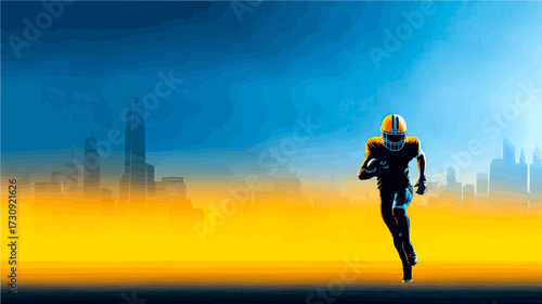 A football player sprints forward with determination against a vibrant sunset background. The city skyline is silhouetted, adding depth to the scene.