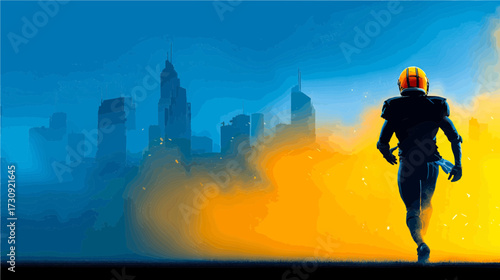 A football player sprints forward with determination against a vibrant sunset background. The city skyline is silhouetted, adding depth to the scene.