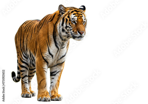 Fototapeta Naklejka Na Ścianę i Meble -  Majestic Bengal tiger standing isolated PNG, powerful predator with orange and black stripes on transparent background