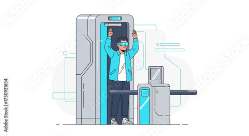 Futuristic security check scene with a man using advanced scanning technology modern concept