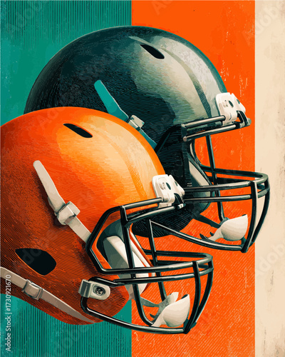 Two football helmets, one orange and one black, stand side by side in a vibrant vector design. This artwork symbolizes the thrill and competition of football culture and team spirit.