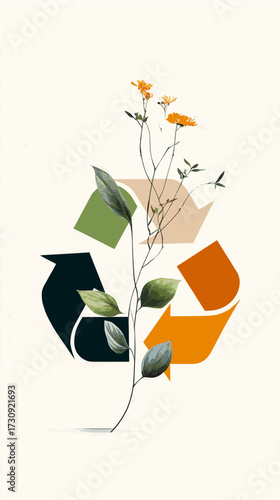 Bright flowers grow amidst colorful recycling symbols in a flat vector design promoting environmental awareness and sustainability
