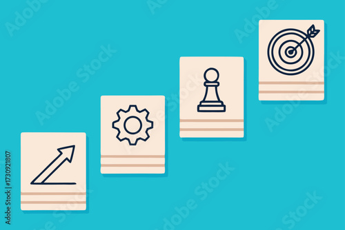 Staircase of Cards with Business Icons and Goal vector down