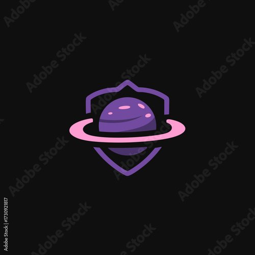 Cosmic planet with orbiting ring protected by a modern shield icon on a dark background. Global digital security, space technology concept.