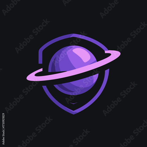Vibrant purple planet with an orbiting ring enclosed in a protective shield icon on a dark background, symbolizing space, security, and technology.