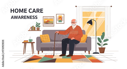 Home Care Awareness: A comforting scene of an elderly man relaxing at home on his sofa