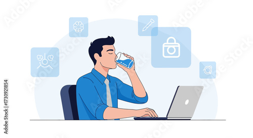 Hydrated professional maintaining focus during work with seamless app integration illustration