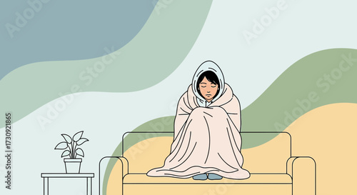 Illustrated woman wrapped in blanket on sofa depicting feeling unwell or cold scene