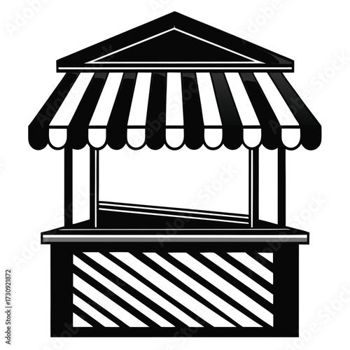 Black and White Striped Market Stall with Canopy, Sales Kiosk Illustration