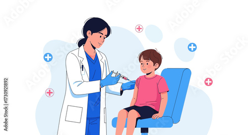 Illustration depicting a child receiving a vaccination from a doctor in a medical setting