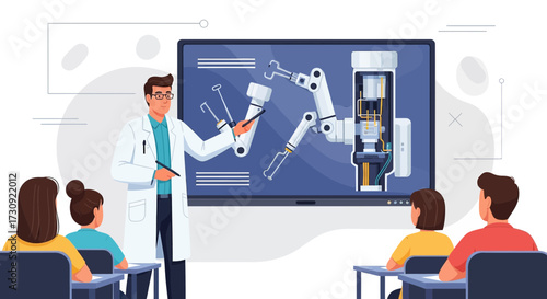 Illustration depicting robotics engineering lesson with a teacher explaining robotic arm mechanics