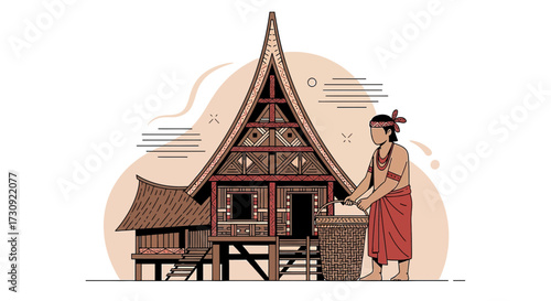 Illustration depicting traditional Indonesian house and figure against a beige background