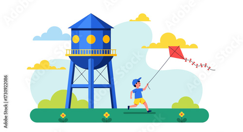 Illustration of a boy flying a kite near a water tower on a bright sunny day creating a sense of