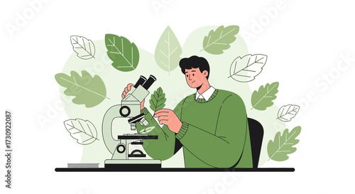 Illustration of a botanist examining plant cells through a microscope in a laboratory setting