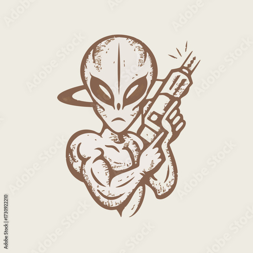 Vintage Style Alien Illustration with Futuristic Weapon. Sci-Fi Extraterrestrial Character in Monochrome. Tough Space Warrior Concept.