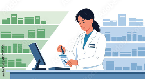 Illustration of a female pharmacist working in a pharmacy with shelves and computer