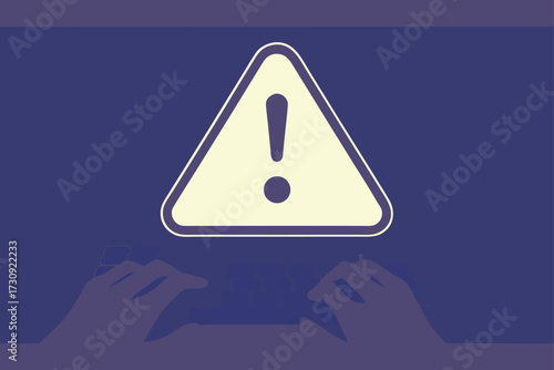 Warning Triangle Icon Above Hands Typing on a Keyboard exclamation mark alert