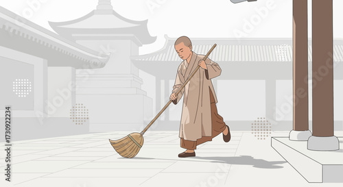 Illustration of a diligent young monk sweeping the courtyard in a traditional temple with simplicity
