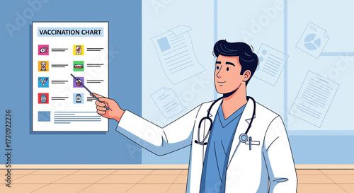Illustration of a doctor presenting a vaccination chart in a medical office setting