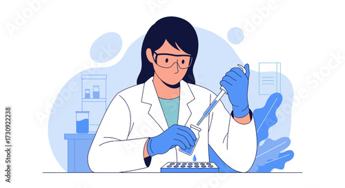 Illustration of a female scientist conducting research in a laboratory setting with precision