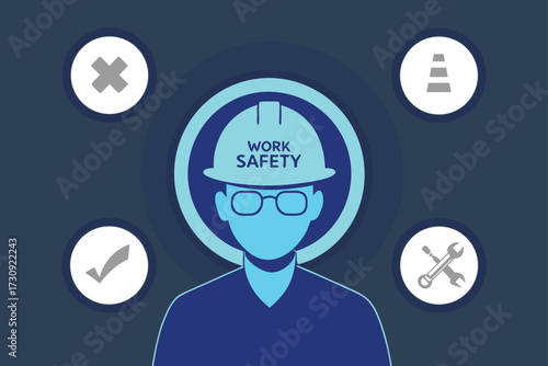 Worker in hard hat with work safety text surrounded by check mark cross cone and tools glasses