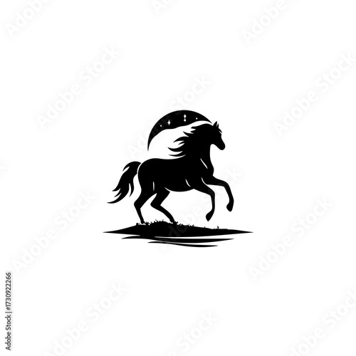 Majestic rearing horse silhouette at night with crescent moon and stars, powerful equine graphic for design.