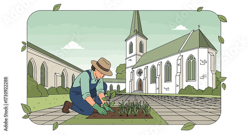 Illustration of a Gardener Planting Seedlings Near a Church on a Sunny Day Depicting Community