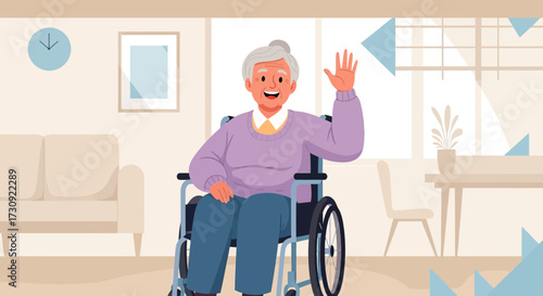 Illustration of a happy elderly woman in a wheelchair waving in a bright living room