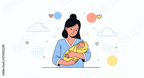 Illustration of a happy mother lovingly cradling her newborn baby in a comforting embrace