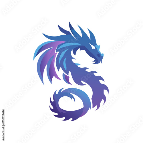 S-shaped stylized blue and purple gradient dragon illustration, majestic fantasy creature concept, mythical beast symbol, powerful