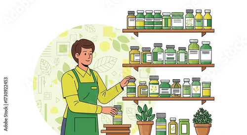 Illustration of a man arranging herbal medicine bottles on shelves in a store or pharmacy