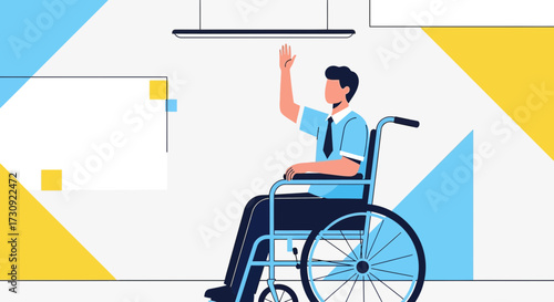 Illustration of a Man in a Wheelchair Waving, Promoting Accessibility and Inclusion Concepts in