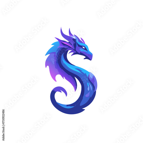Stylized majestic blue and purple fantasy dragon illustration, an elegant mythical creature graphic forming an 'S' shape on white.