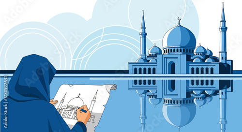 Illustration of a muslim woman drawing a mosque with reflection in water design background for