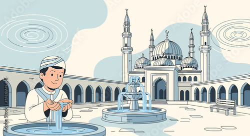 Illustration of a Muslim boy performing ablution at a mosque courtyard fountain for prayer ritual