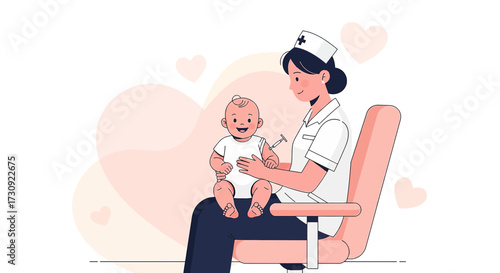Illustration of a nurse vaccinating a baby with hearts in the background expressing affection and