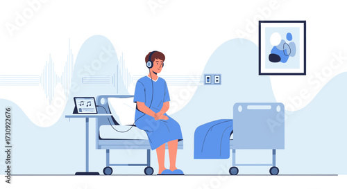Illustration of a patient listening to music in a hospital bed for relaxation therapy