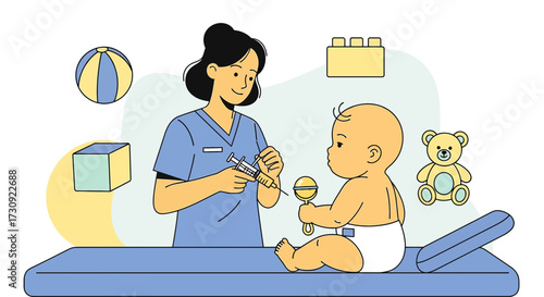 Illustration of a pediatrician giving a baby a vaccine with toys around and in clinic
