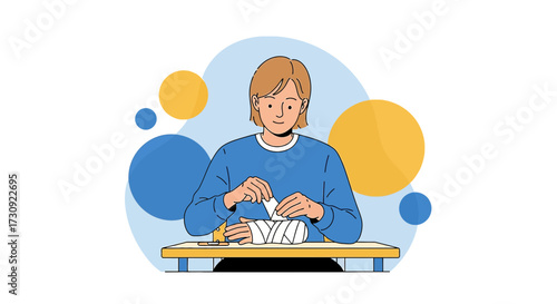 Illustration of a person bandaging their wrist injury for medical care at home