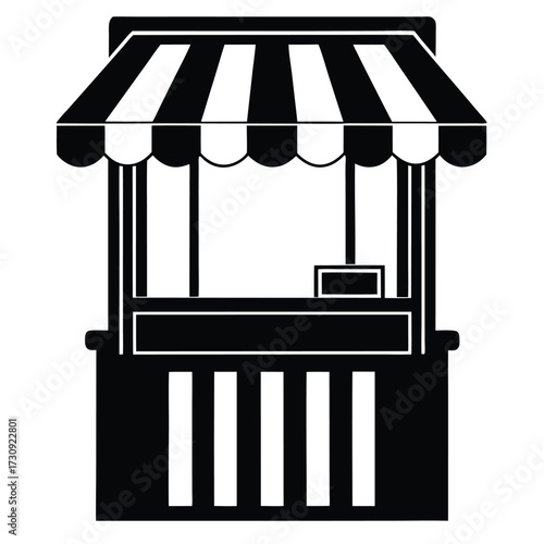 Black and White Illustration of a Small Market Stall or Booth with Awning