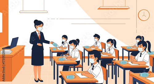 Illustration of a teacher giving mask to a student in classroom during pandemic with students