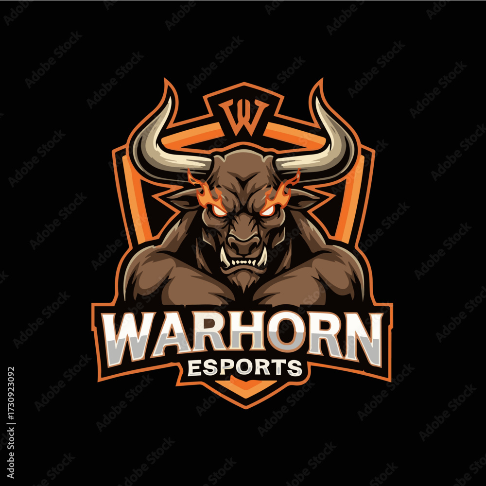 Fototapeta premium Fierce Warhorn Esports Bull Logo with Flaming Eyes, Ready for Gaming Domination and Streaming Branding, Perfect for Team Mascots and Online Tournaments