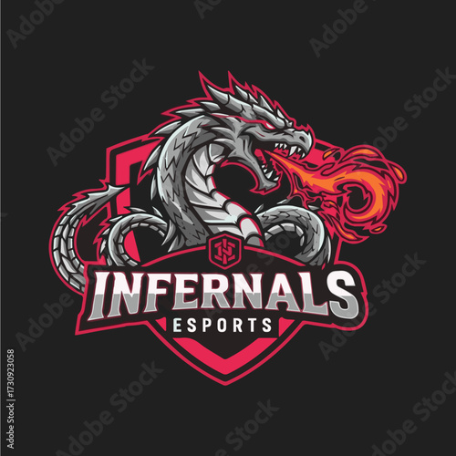 Infernal Esports dragon breathes fire with intense gaming team logo for merchandise, branding, and power designs that ignite competitive spirit