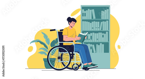 Illustration of a young woman in a wheelchair reading a book next to a bookshelf in her home