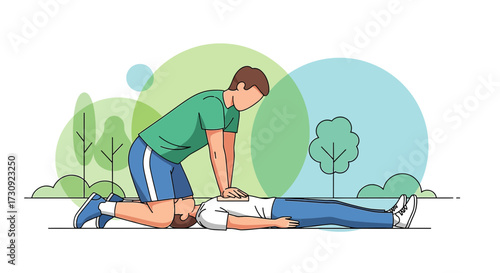 Illustration showcasing cpr performance in a park setting for medical awareness and training