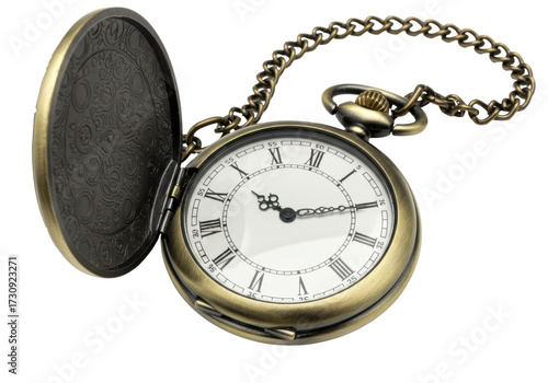 Slika na platnu Antique bronze pocket watch with chain isolated on transparent background, vinta