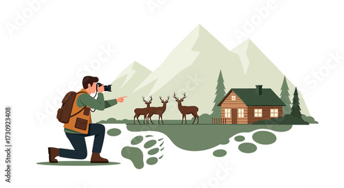 Illustrative Scene of a Photographer Capturing Deer near a Mountain Cabin View