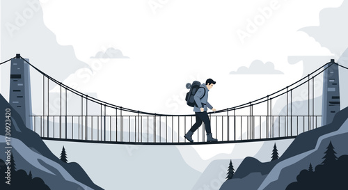 Illustrative trekker crossing a suspension bridge adventure amidst a mountainous landscape vector