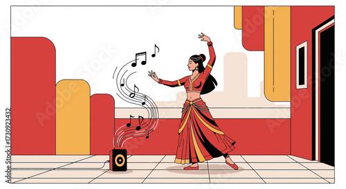 Illustrative woman dancing to music emanating from speaker against city backdrop evoking freedom