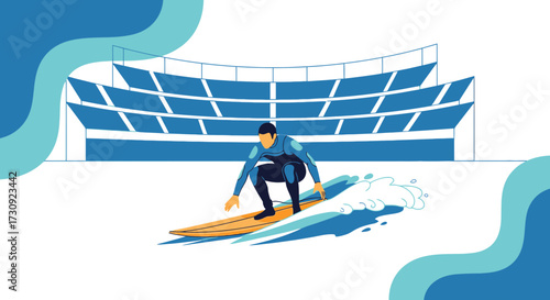 Indoor Surfing Experience with Stadium Backdrop Illustration for modern sports recreation